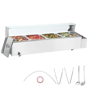 VEVOR Kommersiell matvärmare med 4 stekpannor med glasskydd, 1500 W, bänkskiva i rostfritt stål, temperaturkontroll 30-85 °C för catering, restauranger, silver, 1197 x 406 x 382 mm