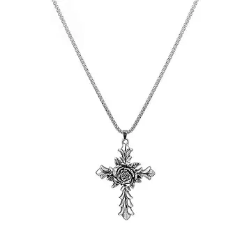 OdDdot Rose Cross Halsband Punk Hänge Halsband Silver Unisex Alla hjärtans dag Elegant Enkel Ljus Lyxig Julfestgåva