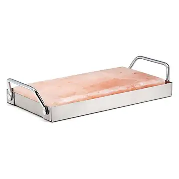 FLAMMBURO Saltsten (10 x 20 x 2,5 cm) hållare av rostfritt stål – grillsten av kristallsalt, saltplatta, saltblock – BBQ, grill och ugn – perfekt för grillning, stekning, kylning och servering (34727)