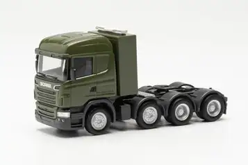 herpa Scania R09 Highline lastbilsmodell "Bundeswehr" 4-axlig tung traktor skala 1:87 samlardel tysk modell plastfigur