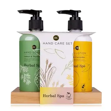 accentra Herbal Spa Hand Care Set on a Wooden Shelf, 290 ml Hand Soap and 290 ml Hand Lotion, Packaging (Paper) and Bottles Made of Recycled Material Refillable