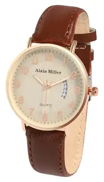 Akzent Alain Miller herrklocka beige brun rosèguld analog datum läderimitation kvarts, BRUN