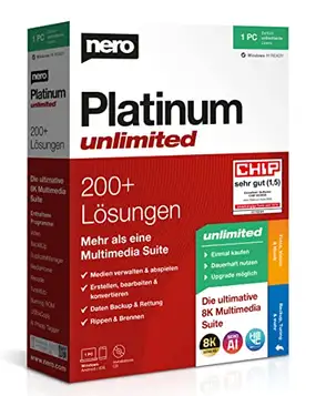 Nero Platinum Unlimited   Retail Box med CD   Videoredigering   Hantera & spela media   Artificiell intelligens   8K   Foton   Musik   PC Tuning   Windows 11 / 10 / 8 / 7