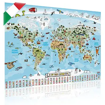 GOODS+GADGETS Panorama världskarta för barn XXL – 140 x 100 cm, världskarta för barn, helt handritad och färglagd (italiensk)