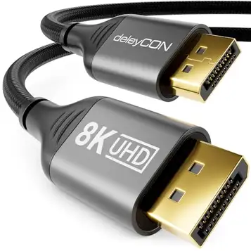 deleyCON 1m DisplayPort-Kabel 1.4 (8K@60Hz 4K@165Hz 2K@360Hz) UHD WQHD HDR HDCP 2.2 Kompatibel med AMD FreeSync NVIDIA G-Sync Idealisk för Spelmonitor och Grafikkort Grå Svart