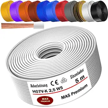 MAS Premium från 5 till 100 m trådkabel H07 V-K 2,5 mm² svart, ljusblå, grön/gul, röd, mörkblå, brun, orange, grå, vit, violett eller gul enkel laddare flexibel (vit, 5 m)