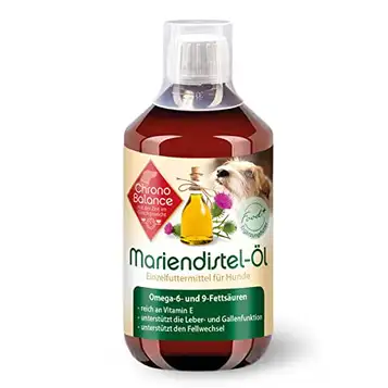 ChronoBalance ® 500 ml mjölktistelolja för hundar, som ett naturligt kosttillskott, stödjer tyg och pälsbyte, rik på vitamin E, omega-6 och omega-9, doseringskopp ingår.