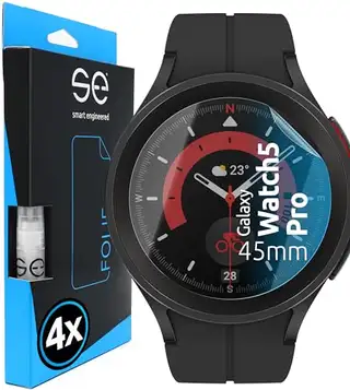 smart engineered 4 x se® 3D skyddsfilm transparent för Samsung Galaxy Watch 5 Pro 45 mm, självläkande, 100 % fingeravtryck och FaceID-kompatibel, enkel bubbelfri installation, ultra-klar, reptålig, från Tyskland