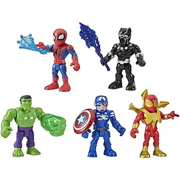 Super Hero Adventures Playskool Heroes Marvel  12,5 cm actionfigur 5-pack, inkluderar Captain America, Spider-Man, 5 tillbehör, åldrarna 3 och uppåt