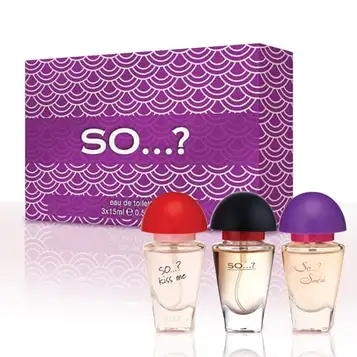 So…? SO...? Three For Me Premium Parfym för kvinnor presentpaket, Kiss Me, Sinful, SO...?, Eau De Toilette med långvarig doft resestorlek miniparfym för flickor, presentset för damer (3 x 15 ml)