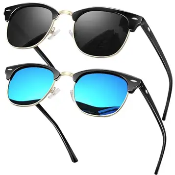 KANASTAL Klassiskt Halvbåge 2 Par Solglasögon Herr Polariserade, Cateye Half Rim Browline Blå Sunglasses for Men Polarized, Svart Solglasögon Dam Man, Women Sunglasses for Vandring Körning Fiske