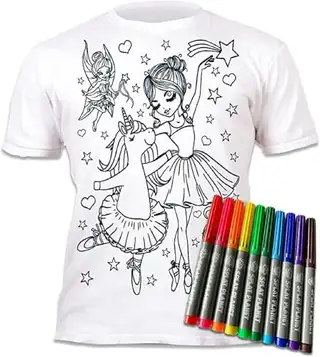 Splat Planet färgad enhörning ballerina t-shirt med 10 icke-giftiga tvättbara magiska pennor – färg- och tvätt-t-shirt (5-6 år)