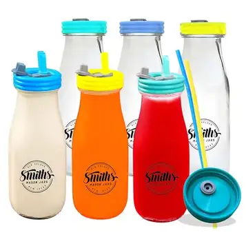 Smiths Mason Jars Smiths Mason burkar – paket med 6, 300 ml glasflaskor med lock – läckagesäker, spillsäkra klara glasmjölkflaskor med lock och återanvändbara sugrör – perfekt för mjölk, juice, smoothies och milkshakes