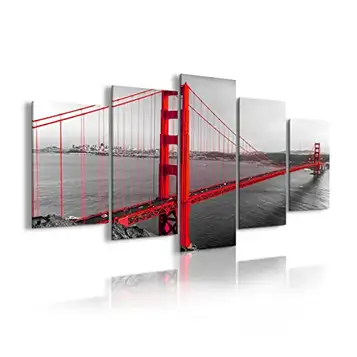 DekoArte Dekorativ konst 181 – Modern bild på duk, monterad på en 5-delad träram, XXL, San Francisco Golden Gate, 200 x 100 cm