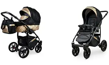 BabyLux Miracle Barnvagn 2-I-1 Djup och Barnvagn med Tillbehör Justerbar och Hopfällbar Lätt Aluminiumkonstruktion 2 Monteringsalternativ Vattentäta Ogenomträngliga Hjul Black Deluxe