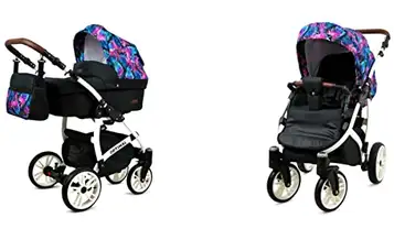 BabyLux Optimal Baby Stroller 2in1 Djup och Barnvagn med Tillbehör Justerbar och Hopfällbar Lätt Aluminiumkonstruktion 2 Monteringsalternativ Vattentäta Colorful Feathers White Frame