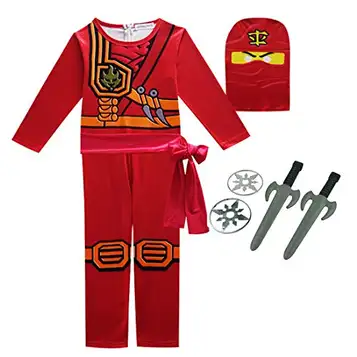 Thombase Ninja Warrior-maskeraddräkt för barn, pojkar, flickor, till cosplay och utklädningsfest, kläder med leksaksvapen. Längd: 100-110 cm (39,4-43,3 tum). (Röd, 110)