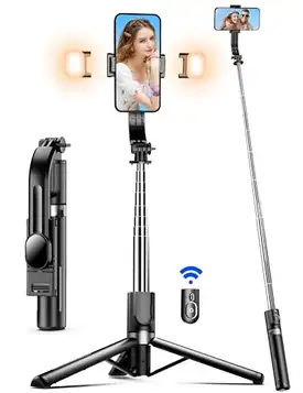 SelfieShow Selfie Stick med förbättrat stativ, Selfie Stick Tripod med 2 fyllningsljus, extra lång 115cm Mobiltelefonstativ med avtagbar fjärrkontroll, kompatibel med iPhone Samsung etc, Action Camera GoPro