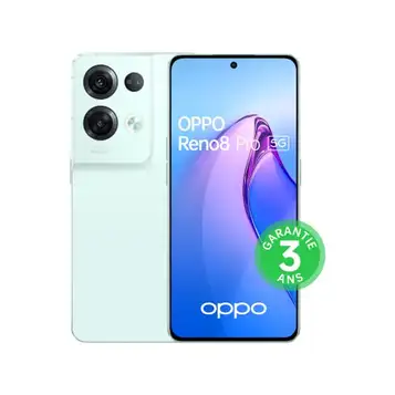 Oppo Reno 8 Pro Smarttelefon 5 G 8 GB RAM + 256 GB trippel 64 MP fotosensor, 32 MP framsida 120 Hz 6,7 tum AMOLED-skärm, 4 500 mAh batteri + snabbladdning 80 W, glaserad grön [version FR]