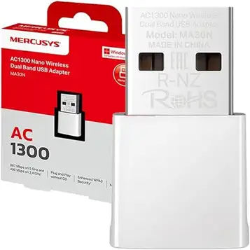 MERCUSYS TP-Link MA30N USB WiFi-adapter, AC1 300 Mbps, nätverkskort, nano-kort, dubbelt band, USB 2.0, WPA3, Plug & Play, Windows 11/10