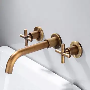 GKJHTED Wall Mounted Bathroom Faucet,Double Cross Handles Lavatory Basin Sink Mixing Faucet,Wall Mount Faucet Brass Basin Faucet,Hot and Cold Water Mixer Tap Sink Faucet,Gold, Chrome Bathroom Faucet