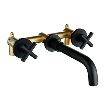 GKJHTED Wall Sink Basin Mixer Tap Set Bathroom Spout Faucet with Double Lever in Matt Black/Polished Gold, Chrome Bathroom Faucet (A)