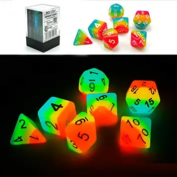 BESCON DICE Bescon Fantasy regnbåge lysande polyhedral tärning 7 st set midnatts candy, lysande RPG tärningsset lyser i mörkret, nyhet DND speltärning d4 d6 d8 d10 d12 d20 d% i tegelbox