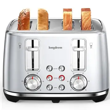 LONGDEEM 4 Slice Toaster, 1.5" Extra Wide Slots, Retro Stainless Steel Toasters, 6 Browning Options, Auto Shut Off & Frozen Function, Toast Fruit Bread, Bagel & Waffle, Silver