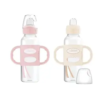 Dr Brown milstolpar smal övergång sippy flaska med silikonhandtag 8 oz 250 ml 6 m+ ljusrosa och Ecru 2-pack