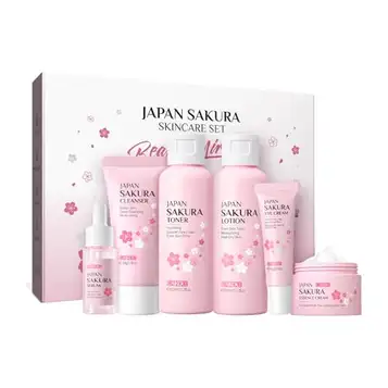 LAIKOU Skincare Set Sakura Beauty Gift Set Skin Care Kit för tonårsflickor Rengöring, Toner, Lotion, Serum, Ögonkräm, Ansiktskräm, Resekit för kvinnor 6st