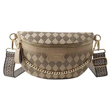 KOBONA Crossbody väska för kvinnor PU-läder rombisk gitter magväska magväska axelväska med justerbar bred rem och kedja för shopping, dejting, dagligt arbete, resor, Khaki, samtida