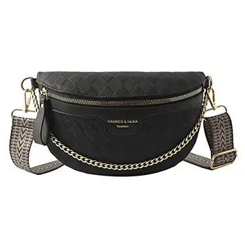 KOBONA Crossbody väska för kvinnor PU-läder rombisk gitter magväska magväska axelväska med justerbar bred rem och kedja för shopping, dejting, dagligt arbete, resor, Svart, samtida