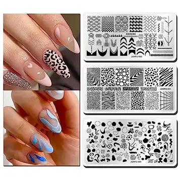 JUNPU 3 st nagelstämplingsplattor, geometriskt virvel leopardmönster nagelkonst stämplingsplattor, fransk nagelstämpelplatta, rutiga ränder linjedesigner nagelstämpelkit återanvändbara nagelkonstverktyg