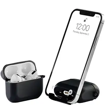 BelTech AirStand AirPods Pro fallet täcker med Osynlig Phone Stand, Fullt skydd TPU & PC stötsäkert fodral med nyckelringskabin, Trådlös laddning stöds (Svart)