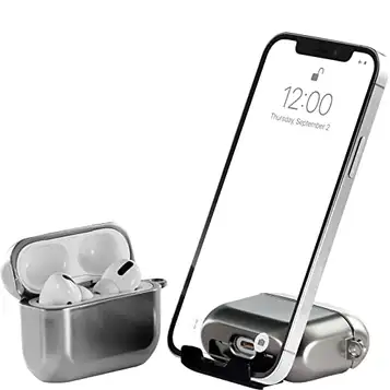 BelTech AirStand AirPods Pro fallet täcker med Osynlig Phone Stand, Fullt skydd TPU & PC stötsäkert fodral med nyckelringskabin, Trådlös laddning stöds (Silver)