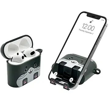 BelTech AirStand AirPods 3 fallet täcker med Osynlig Phone Stand, Kompatibel med AirPods Series 3, Fullt skydd stötsäkert fodral med nyckelringskabin, Trådlös laddning stöds (Katt)