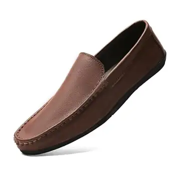 Ninepointninetynine Loafers for män Enfärgad rund tå Vegansk läder Loafer Skor Platt klack Anti-halk Flexibel Mode Slip-ons(Dark brown,41 EU)