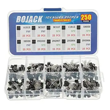 BOJACK 10 värden, 250 stycken, A1015/BC327/BC337/C1815/S8050 / S8550 / 2N222/2N2907 / 2N3904 / 2N3906 / PNP/NPN prestanda, allsyfte sortiment kit