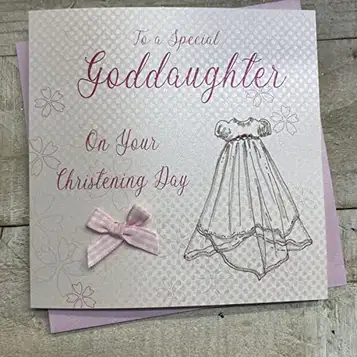 WHITE COTTON CARDS WB185 Grattiskort till dop "To a Special Goddaughter On Your Christening Day", motiv: Dopklänning, handgjord, vit, engelskspråkig inskrift