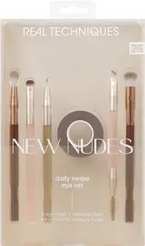 REAL TECHNIQUES New Nudes Daily Swipe Eye Kit, Makeup Brushes For Eyeshadow, Liner, & Brows, Makeup Tape, For Natural Or Smokey Makeup Look, Synthetic Bristles, Cruelty-Free & Vegan, 7 Piece Set