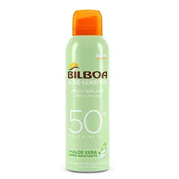 Bilboa , Solskyddskänslig BOV SPF50+, känslig hudspray, formel med aloe vera, skyddar och fuktar, alkoholfri, vattentålig, 150 ml