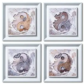 DekoArte Moderna vardagsrum dekoration målningar YING YANG MANDALA 30x30 cm x4 stycken Ram set med vit ram.