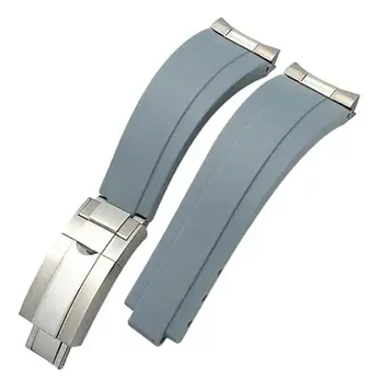 KDEGK 20 mm gummi kort spänne klockarmband, passar för Rolex Daytona Submariner Role OYSTERFLEX Yacht Master liten silikon handledsrem, Grå, Silver Buckle Link