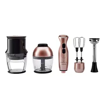 KARACA Blendfit Spiral Grönsaksskärare 4-i-1 set roséguld multifunktionell stativmixer, rostfritt stål kniv, extra lätt ergonomisk, stavmixer, rostfritt stål kniv