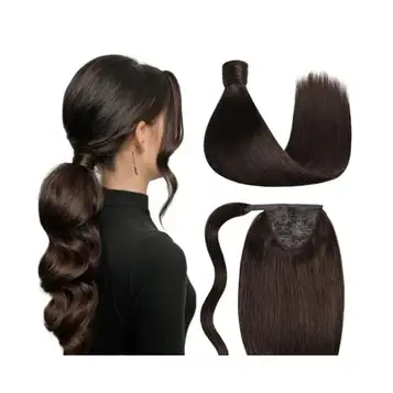 MENGLI-2024 Hästsvansförlängning Bone Rak hästsvans Magic Paste Wrap Around Människohår Hästsvans Clip In Hair Extensions 10-26 Inch Brazilian Virgin Hair Hästsvans Hårstycken Hästsvanshår(Darkest Brown,10inches)