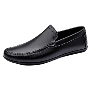 UYTTLHK Men's Genuine Leather Loafers with Stitching, Round Toe, Lightweight and Comfortable Slip-Ons, Flat Heel Casual Shoes(Black,40EU)