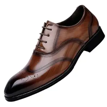 UOPYNE Casual Dress Shoes For Mens Oxford Formal Shoes For Men Lace Up Square Burnished Toe Brogue Wingtips Vegan Leather Dress Shoes Slip Resistant Low Top Rubber Sole Block Heel Prom Formal Shoes(Brown,46