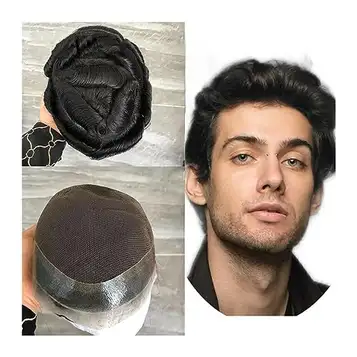 MOOWI Kala hår för män Män Toupé Riktigt människohår Män Ersättning Hårstycken French Lace Center PU Runt Man Hår Prothesis Natural Wave Hair Unit Toupé för män (Color : 2#-120%, Size : 7x10)