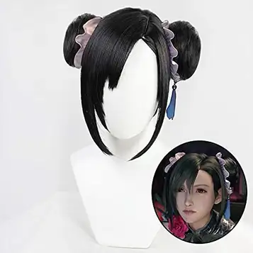 Chtom Tifa Lockhart Parykar Svart kort syntetiskt hår värmebeständighet cosplay kostym peruker med bullar + peruk keps