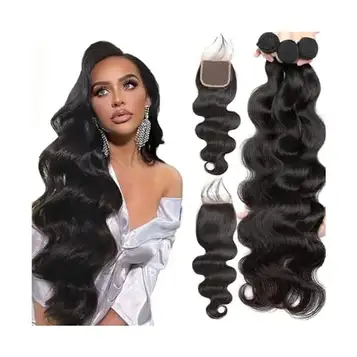 Zephyria Natural Look, Easy to Wear and Style, Body Wave människohårbuntar med stängning, 3 4 buntar Wave lockigt hårbuntar med spetsförslutning Fri del brasiliansk människohårväv naturlig färg,Perfect for Ca